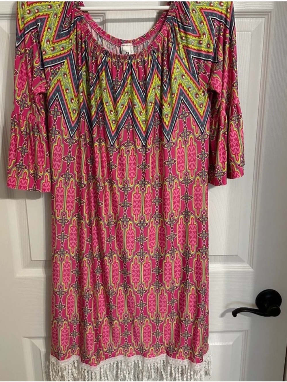 Bright Pink Patterned Midi Dress with Fringe Hem